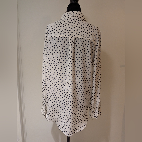 Boden Women's Button Up Shirt 100% Silk White Navy Blue Polka Dots Sheer Size 6 - Picture 2 of 8